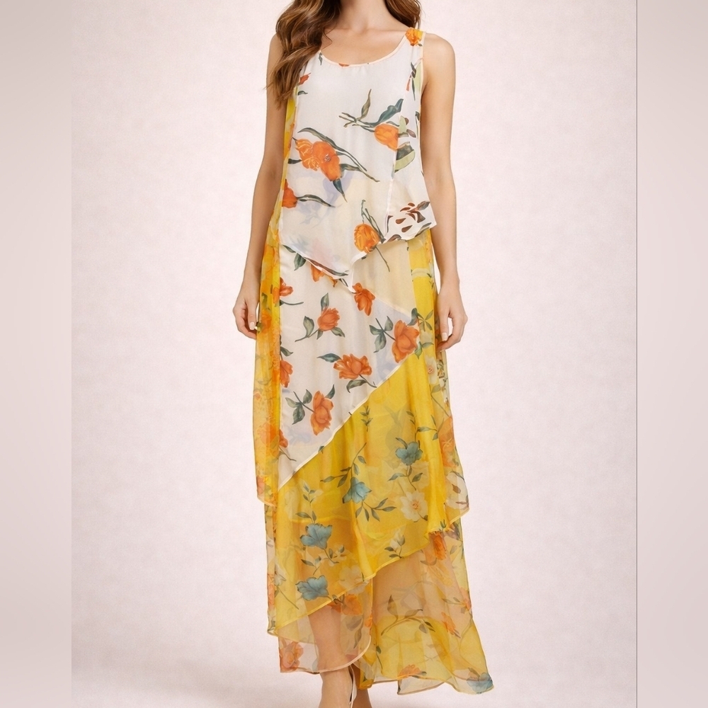 SACRED THREADS Canary Yellow Assymetric Floral Chiffon Sleeveless Maxi Dress